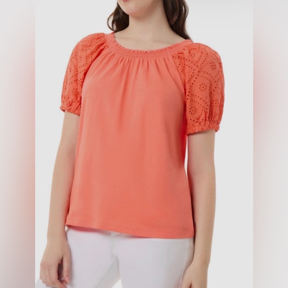 Jones New York Woman’s Petite Medium Short puff Sleeve Coral Orange Top. NWT - Picture 2 of 8